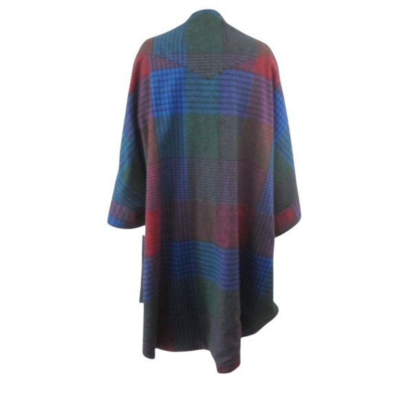 Vintage PORTRAIT Reversible Poncho Cape Blue Patchwork Plaid Print - Picture 9 of 12